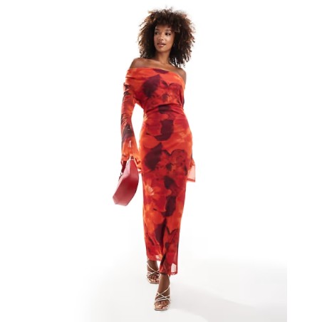 ASOS DESIGN cowl front mesh maxi dress with flare sleeve in red floral smudge print